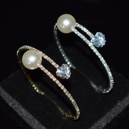 Iron Cuff Bangle, with Plastic Pearl, plated, fashion jewelry & for woman & with rhinestone diameter 65mm, pearl 10mm 