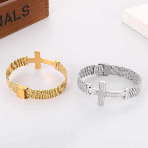 Stainless Steel Mesh Belt Buckle Bracelet, 304 Stainless Steel, Cross, fashion jewelry & for man & with rhinestone Approx 8.66 Inch [