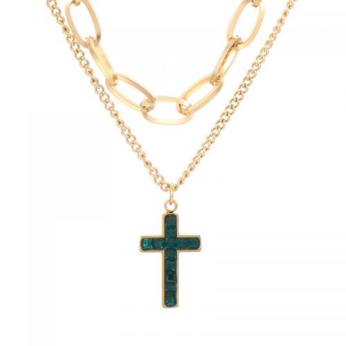 Stainless Steel Jewelry Necklace, 304 Stainless Steel, Cross, Vacuum Ion Plating, Double Layer & for woman & with rhinestone, golden Approx 15.75 Inch, Approx 17.72 Inch 