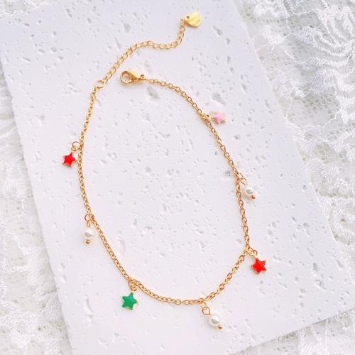 Stainless Steel Anklets Jewelry, 304 Stainless Steel, with Plastic Pearl, with 5cm extender chain, Star, Vacuum Ion Plating, fashion jewelry & for woman & enamel mm,plastic mm Approx 22 cm 
