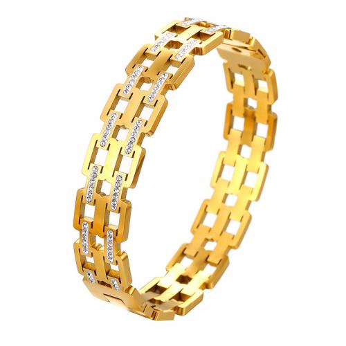 Titanium Steel Bangle, Geometrical Pattern, gold color plated, Unisex & with rhinestone & hollow, Inner Approx 50mm 