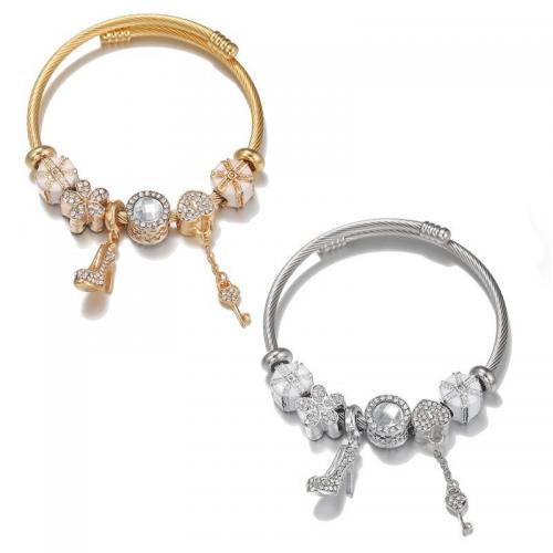 304 Stainless Steel European Bangle, with zinc alloy bead, plated, for woman & enamel & with rhinestone Inner Approx 60mm 