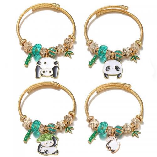 304 Stainless Steel European Bangle, with zinc alloy bead & Resin, Panda, gold color plated, Unisex & adjustable & enamel & with rhinestone, Inner Approx 60mm 