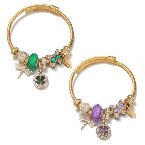 304 Stainless Steel European Bangle, with zinc alloy bead & Resin, Butterfly, gold color plated, for woman & with rhinestone Inner Approx 60mm 