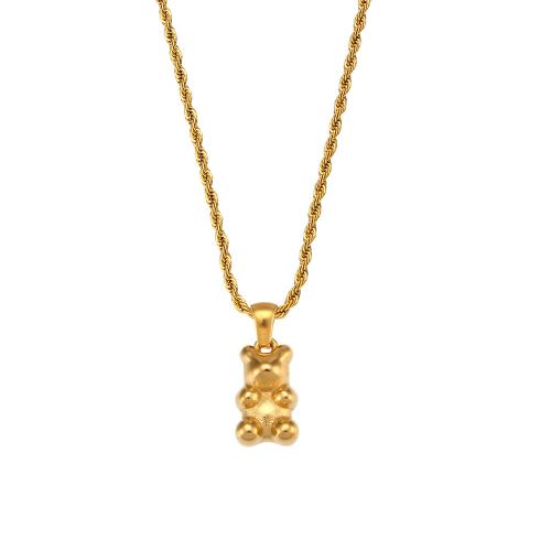 316L Stainless Steel Necklace, with 2inch extender chain, Bear, 18K gold plated, French Rope Chain & micro pave cubic zirconia & for woman Approx 15.7 Inch 