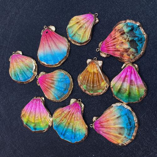 Dyed Shell Pendants, with Brass, gold color plated, gradient color & DIY, multi-colored, Length about Hight about 