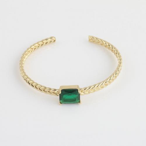 Brass Cuff Bangle, with Glass Rhinestone, gold color plated, for woman, green 