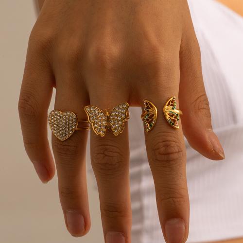 Rhinestone Stainless Steel Finger Ring, 304 Stainless Steel, Butterfly, plated, fashion jewelry & with rhinestone, golden, The inner diameter of the bracelet is 1.78cm 