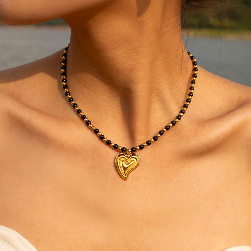 Schwarze Achat Halskette, 304 Edelstahl, mit Schwarzer Achat, mit Verlängerungskettchen von 5.5cm, Herz, plattiert, Modeschmuck, schwarz, Länge:38.5 cm, verkauft von PC[