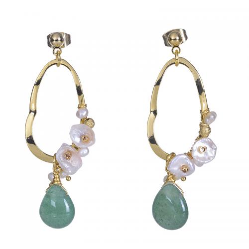 Freshwater Pearl Brass Earring, with Jade & Freshwater Pearl, gold color plated, fashion jewelry & for woman & hollow 