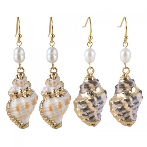 Freshwater Pearl Brass Earring, Trumpet Shell, with Freshwater Pearl & Brass, Conch, fashion jewelry & for woman 