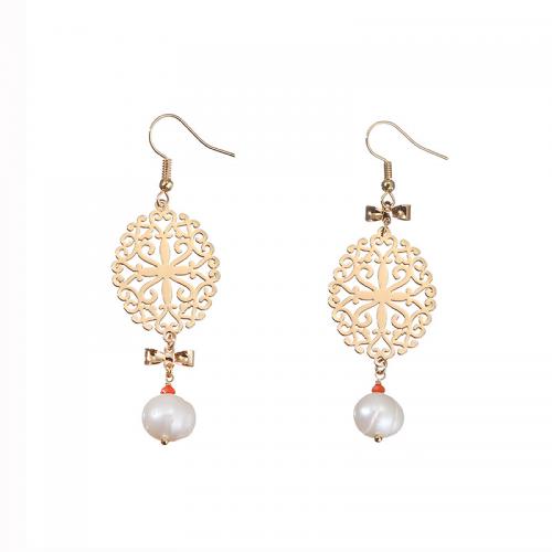 Freshwater Pearl Brass Earring, with Freshwater Pearl, real gold plated, fashion jewelry & for woman & hollow 