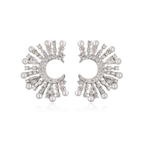 Cubic Zirconia Micro Pave Brass Earring, with Plastic Pearl, plated, micro pave cubic zirconia & for woman [