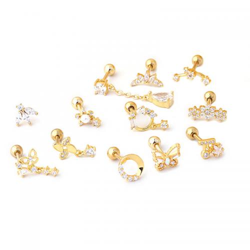304 Stainless Steel Piercing Earring, with Brass, plated, 12 pieces & micro pave cubic zirconia & for woman [