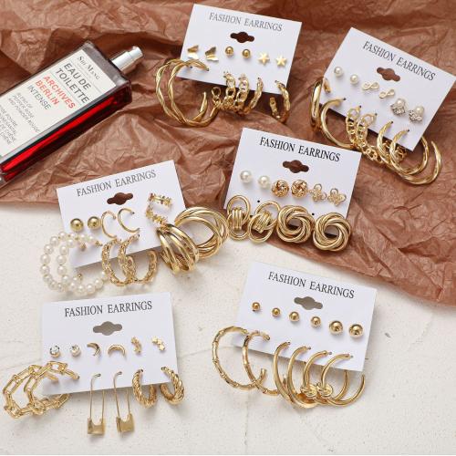 Zinc Alloy Earring Set, with Plastic Pearl, plated & for woman & with rhinestone & hollow, earring length 5-60mm 