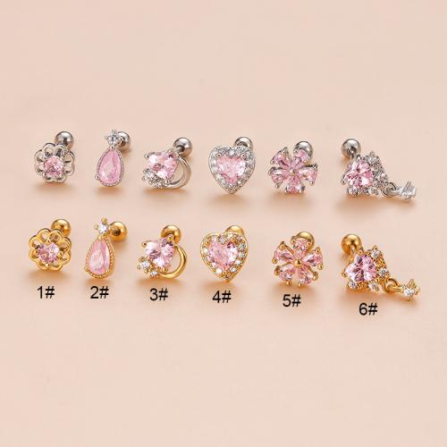 304 Stainless Steel Piercing Earring, with Brass, plated, 6 pieces & micro pave cubic zirconia & for woman [