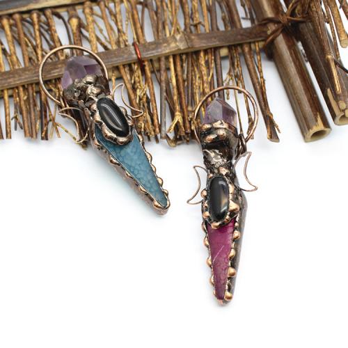 Gemstone Brass Pendants, Agate, with Obsidian & Amethyst & Brass, antique copper color plated, fashion jewelry & DIY & hollow 