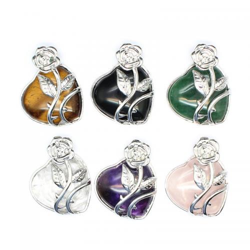 Gemstone Brass Pendants, Natural Stone, with Brass, Heart, silver color plated, fashion jewelry & DIY 