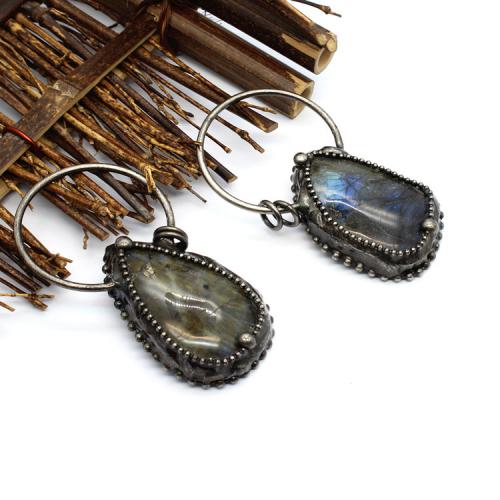 Labradorite Pendants, with Brass, silver color plated, fashion jewelry & DIY, grey [