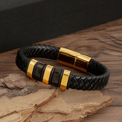 PU Leather Cord Bracelets, 304 Stainless Steel, with leather cord, plated, fashion jewelry & for man Approx 21.5 cm 