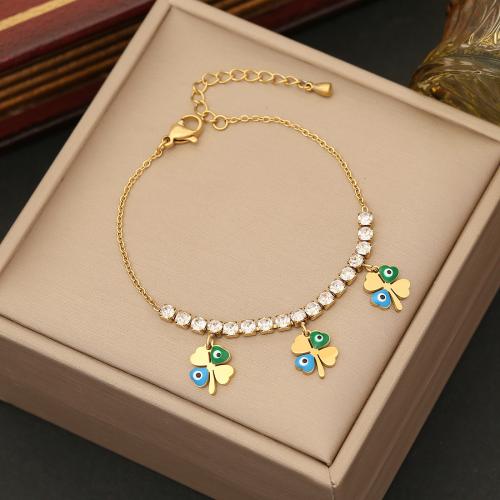 Evil Eye Jewelry Bracelet, 304 Stainless Steel, with 5cm extender chain & for woman & enamel & with rhinestone, golden Approx 18 cm 