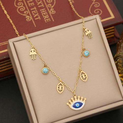 Evil Eye Jewelry Necklace, 304 Stainless Steel, with turquoise, with 5cm extender chain, Vacuum Ion Plating, fashion jewelry & for woman, golden Approx 40 cm 