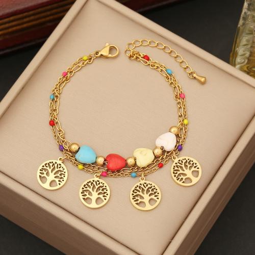 Stainless Steel Charm Bracelet, 304 Stainless Steel, with turquoise, with 5cm extender chain, Vacuum Ion Plating, Double Layer & for woman, golden Approx 18 cm [