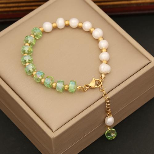 Stainless Steel Charm Bracelet, 304 Stainless Steel, with Crystal & Plastic Pearl, with 5cm extender chain, handmade, fashion jewelry & for woman Approx 18 cm [