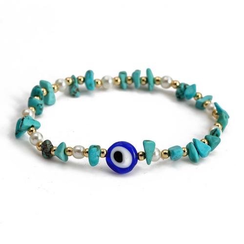 Evil Eye Jewelry Bracelet, Natural Turquoise, with Lampwork & Plastic Pearl & Brass, gold color plated, fashion jewelry & evil eye pattern & for woman, mixed colors Approx 18 cm 