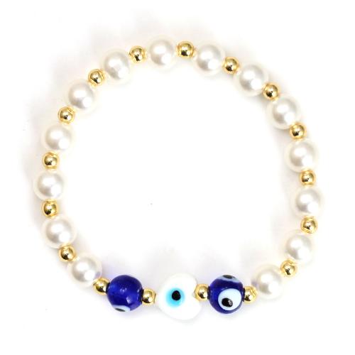 Evil Eye Jewelry Bracelet, Brass, with Lampwork & Plastic Pearl, Round, gold color plated, fashion jewelry & evil eye pattern & for woman 