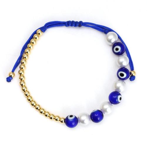 Evil Eye Jewelry Bracelet, Brass, with Knot Cord & Lampwork & Plastic Pearl, Round, gold color plated, fashion jewelry & evil eye pattern & adjustable 