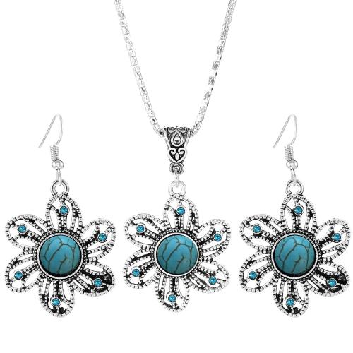 Turquoise Zinc Alloy Jewelry Sets, earring & necklace, with turquoise, Flower, plated, 2 pieces & fashion jewelry & for woman [