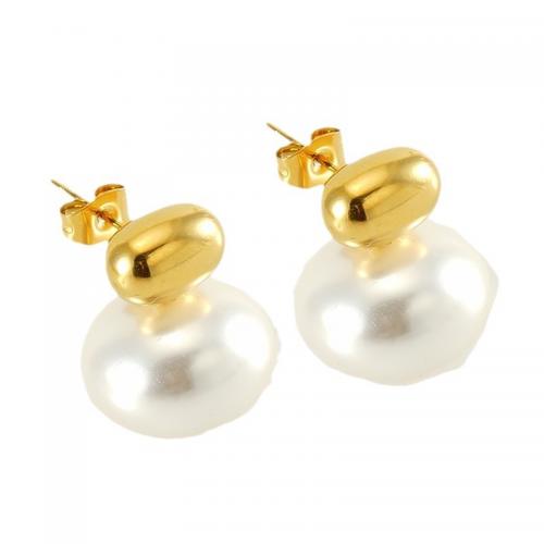 Edelstahl Stud Ohrring, 304 Edelstahl, mit Kunststoff Perlen, Vakuum-Ionen-Beschichtung, Modeschmuck & für Frau, goldfarben, 19x16mm, verkauft von Paar