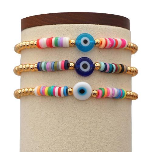Evil Eye Jewelry Bracelet, Polymer Clay, with Lampwork & Brass, Flat Round, gold color plated, fashion jewelry & for woman Approx 18 cm 