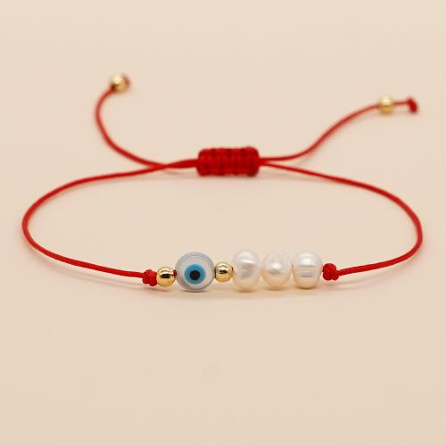 Evil Eye Jewelry Bracelet, Freshwater Pearl, with Cotton Cord, handmade, Length Adjustable & fashion jewelry & for woman Approx 11.02 Inch 