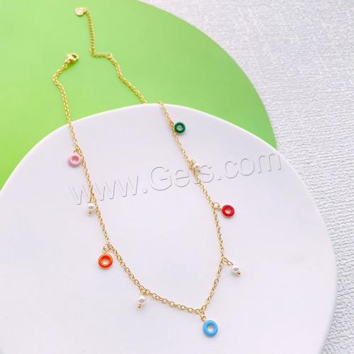 Stainless Steel Jewelry Necklace, 304 Stainless Steel, with Plastic Pearl, with 5cm extender chain, Donut, Vacuum Ion Plating, fashion jewelry & for woman & enamel Pendant 7mm,Plastic pearl 4mm Approx 40 cm 