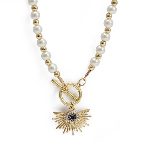 Evil Eye Schmuck Halskette, Messing, mit Kunststoff Perlen, mit Verlängerungskettchen von 3.5cm, goldfarben plattiert, Modeschmuck & Micro pave Zirkonia & für Frau, weiß, 25x19mm, Länge:42.5 cm, verkauft von PC