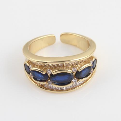 Cubic Zircon Brass Finger Ring, gold color plated, micro pave cubic zirconia, blue 
