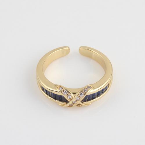 Cubic Zirconia Micro Pave Brass Finger Ring, gold color plated, micro pave cubic zirconia, blue 