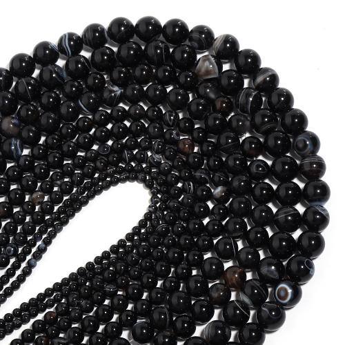 Natürliche Streifen Achat Perlen, rund, DIY & verschiedene Größen vorhanden, schwarz, verkauft von Strang