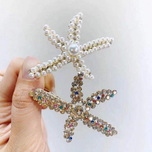 Zinc Alloy Alligator Hair Clip, with Plastic Pearl, Starfish, plated & for woman & with rhinestone 