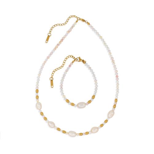 Natural Freshwater Pearl Jewelry Sets, with Natural Stone & 304 Stainless Steel, with 5cm extender chain, Vacuum Ion Plating, fashion jewelry & for woman Approx 16 cm, Approx 40 cm 