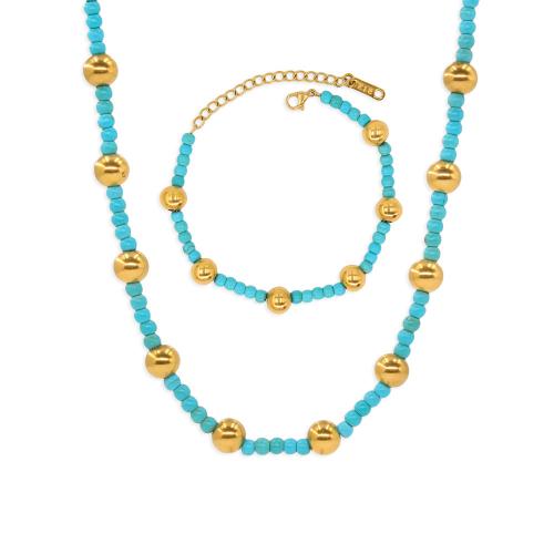 Fashion Stainless Steel Jewelry Sets, Synthetic Turquoise, with 304 Stainless Steel, with 5cm extender chain, Vacuum Ion Plating, fashion jewelry & for woman Approx 16 cm, Approx 40 cm 