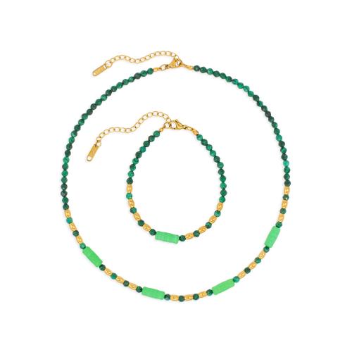 Fashion Stainless Steel Jewelry Sets, Malachite, with Resin & 304 Stainless Steel, with 5cm extender chain, Vacuum Ion Plating, fashion jewelry & for woman Approx 17 cm, Approx 40 cm 