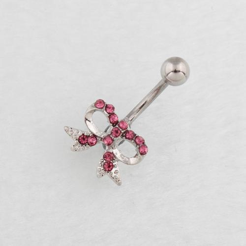 Stainless Steel Belly Ring, 316 Stainless Steel, with Zinc Alloy, Bowknot, silver color plated, fashion jewelry & for woman & with rhinestone 