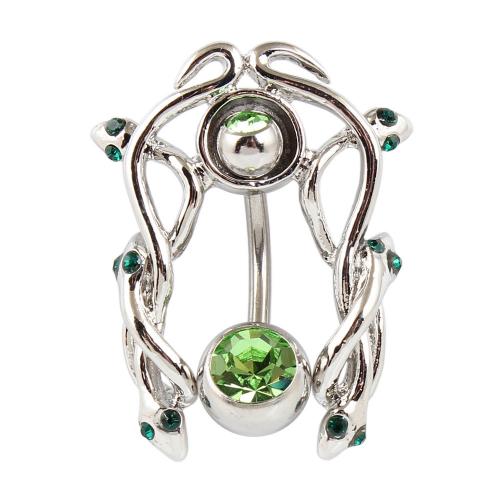 Stainless Steel Belly Ring, 316 Stainless Steel, with Zinc Alloy, Snake, silver color plated, fashion jewelry & for woman & with rhinestone, green 