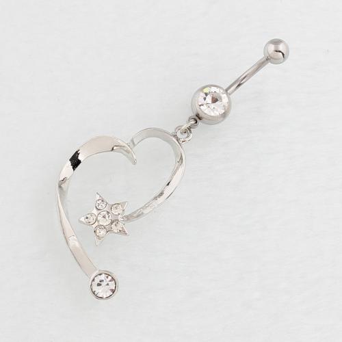 Stainless Steel Belly Ring, 316 Stainless Steel, with Zinc Alloy, Star, silver color plated, fashion jewelry & for woman & with rhinestone 