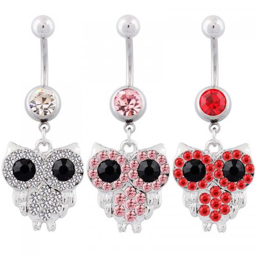 Stainless Steel Belly Ring, 316 Stainless Steel, with Zinc Alloy, Owl, silver color plated, fashion jewelry & for woman & with rhinestone [