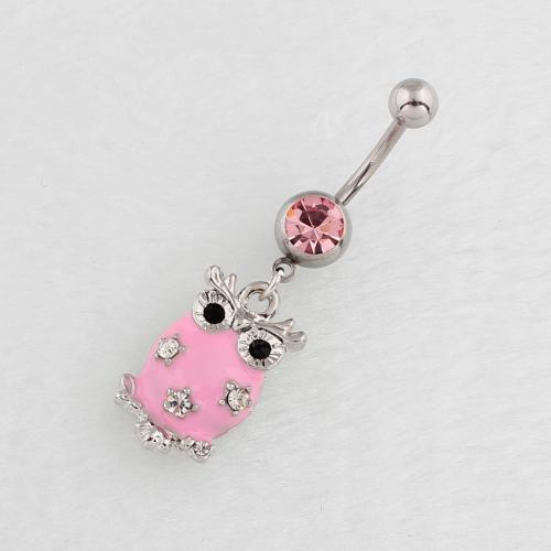 Stainless Steel Belly Ring, 316 Stainless Steel, with Zinc Alloy, Owl, silver color plated, fashion jewelry & for woman & enamel & with rhinestone 