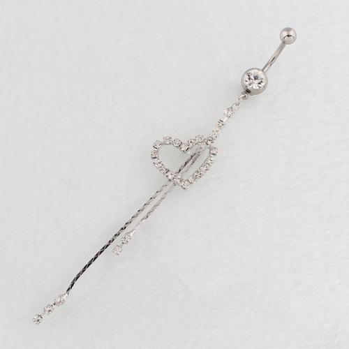 Stainless Steel Belly Ring, 316 Stainless Steel, with Zinc Alloy, Heart, silver color plated, fashion jewelry & for woman & with rhinestone & hollow 